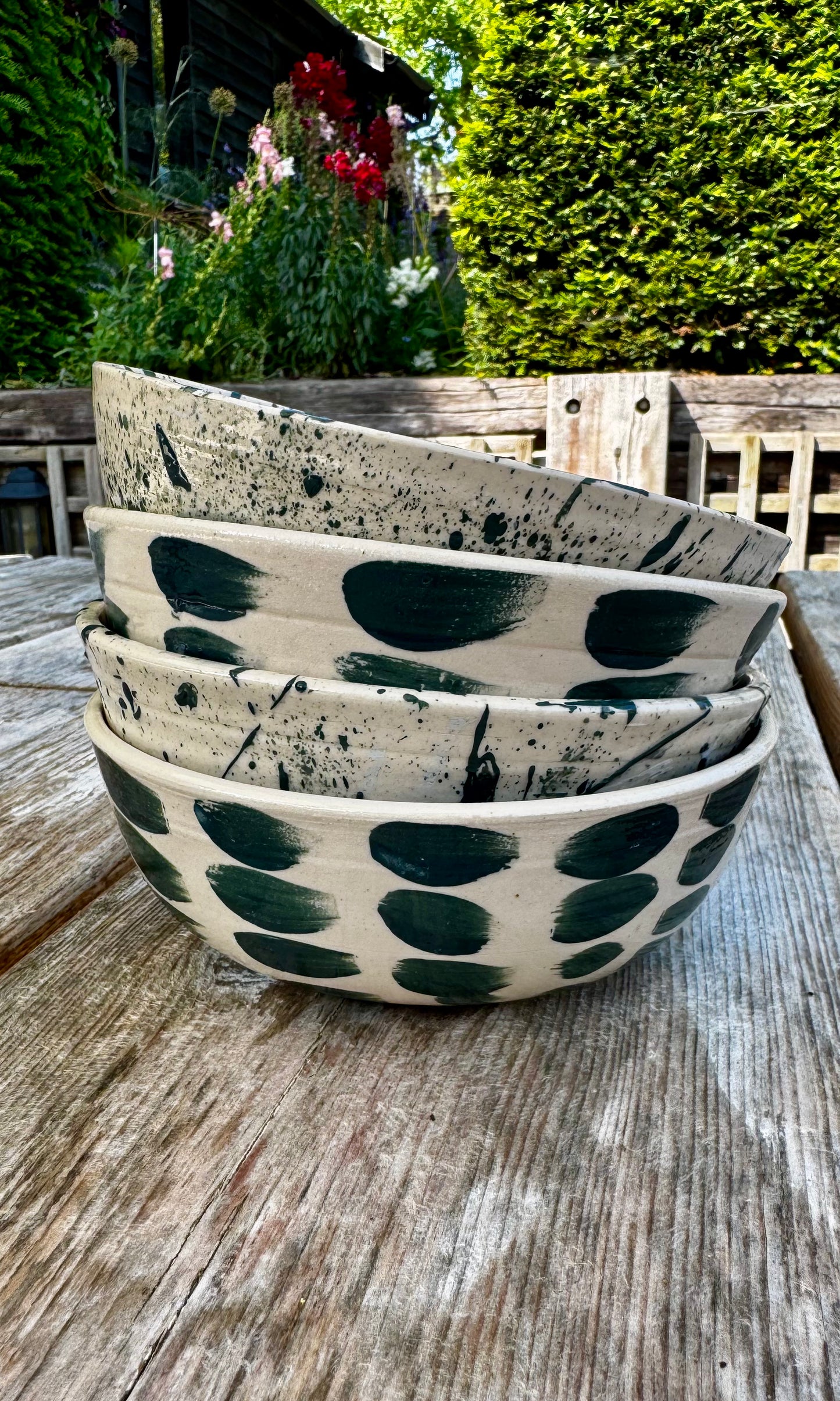 Set of Four Custom Porridge Bowls – Green Splodge & Splatter