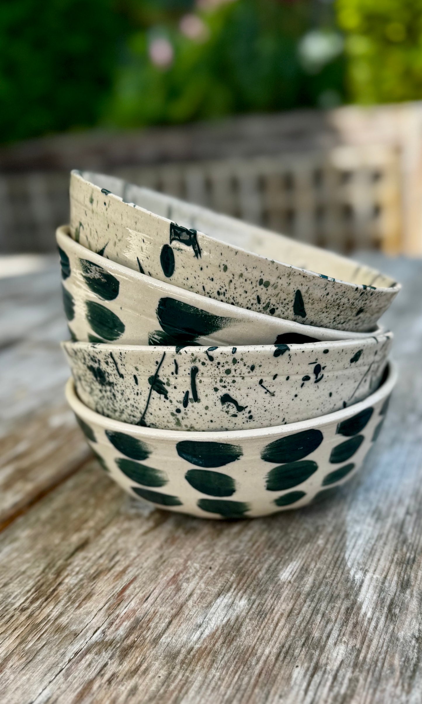 Set of Four Custom Porridge Bowls – Green Splodge & Splatter