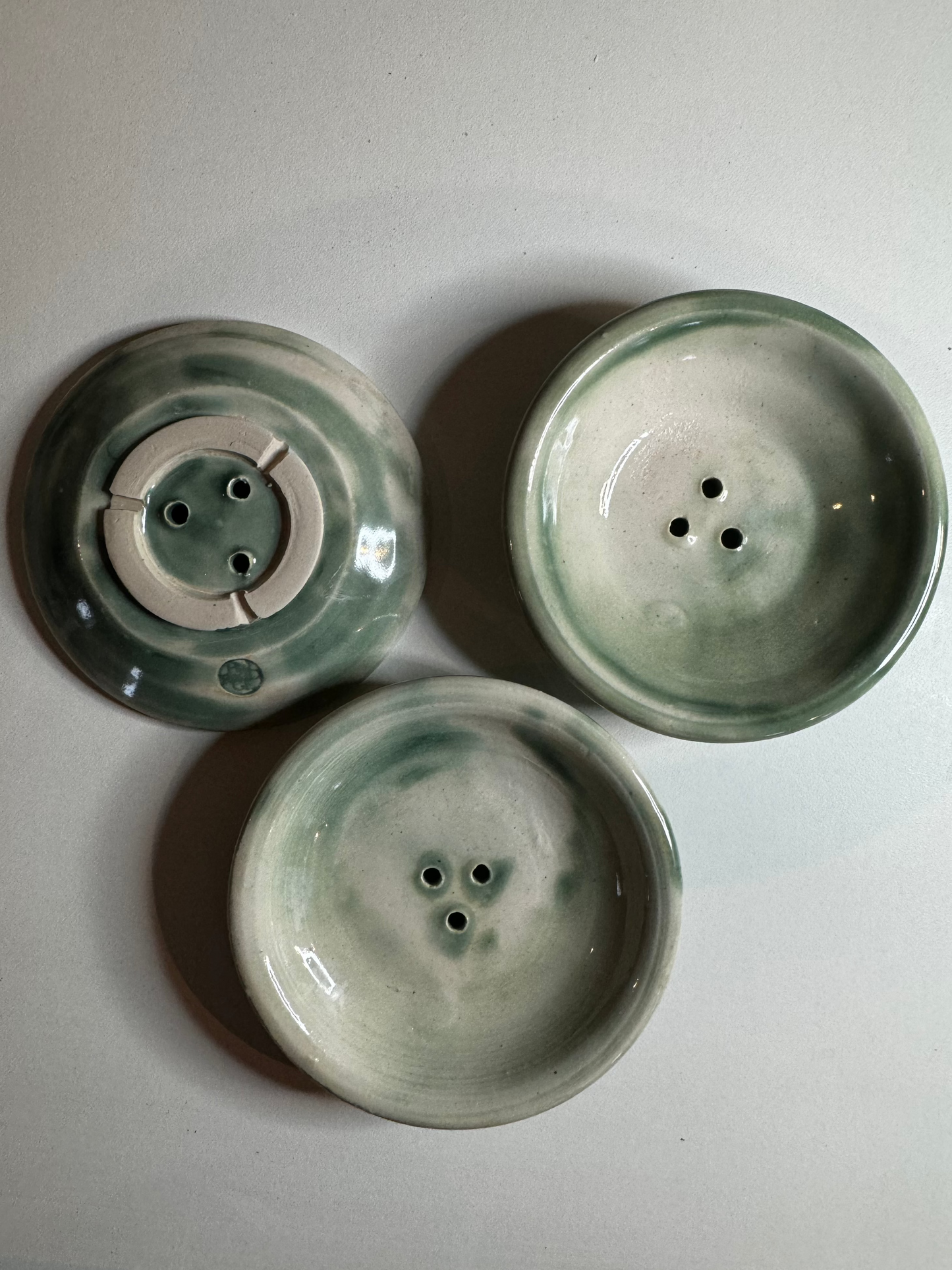 Pale green soap dishes hand made by Herridge Pottery