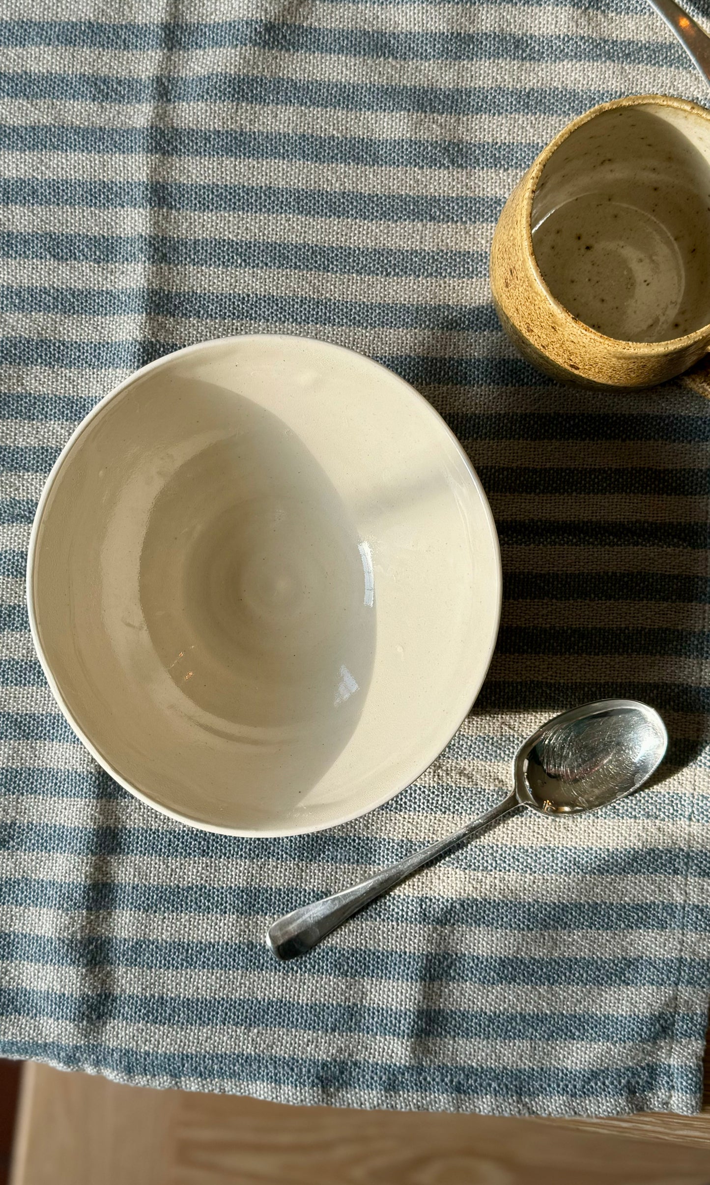 Handmade ceramic blue seed head wonky ramen bowl from herridge pottery - top