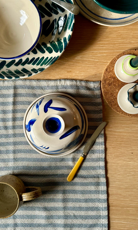 Handmade ceramic butter dish by Herridge Pottery in Blue Swoosh above