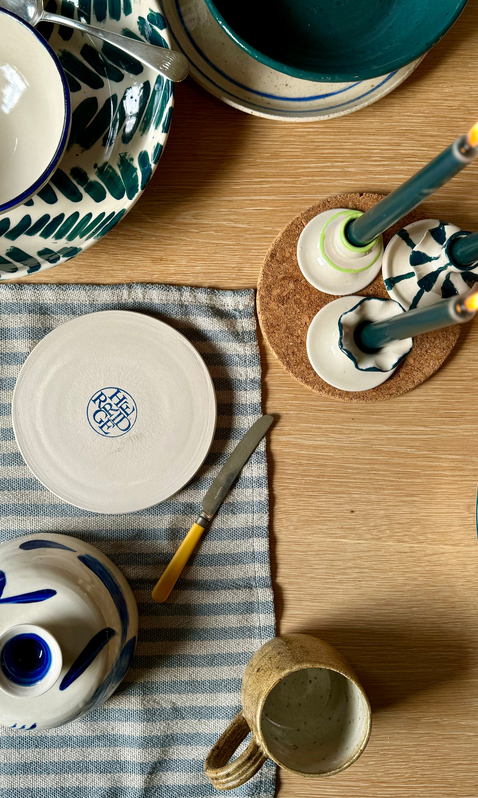 Handmade ceramic butter dish by Herridge Pottery in Blue Swoosh bottom