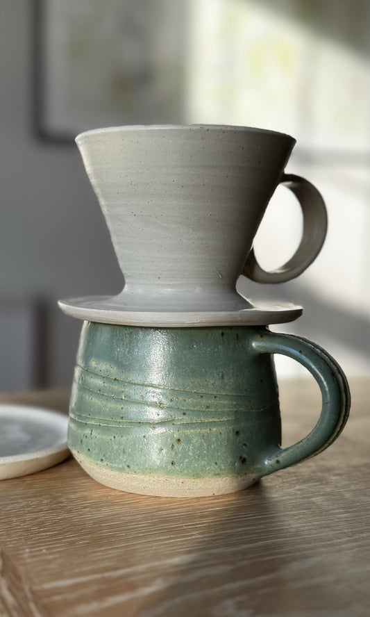 Handmade ceramic coffee pour-over and mug by herridge pottery.