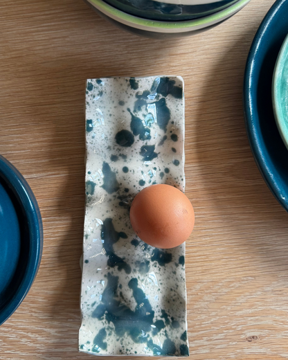Handmade ceramic egg holder by Herridge Pottery mallard splatter. 