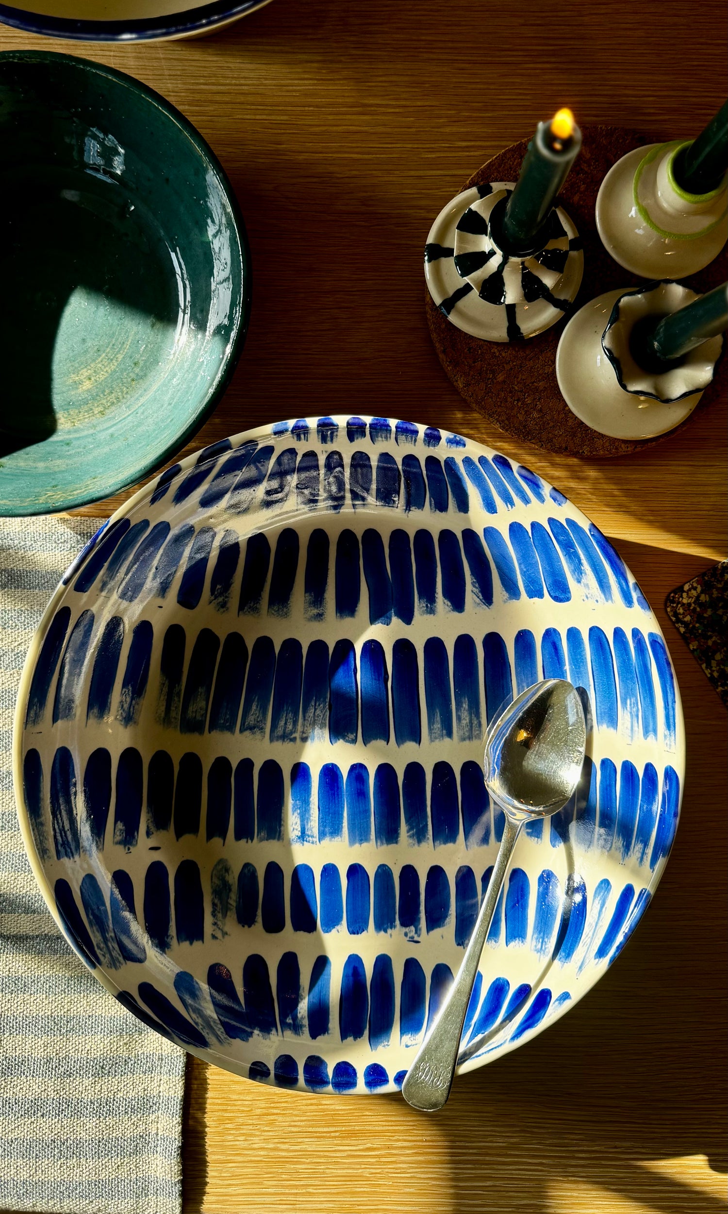 Handmade ceramic extra large feasting bowl with blue splodges by Herridge Pottery - table 