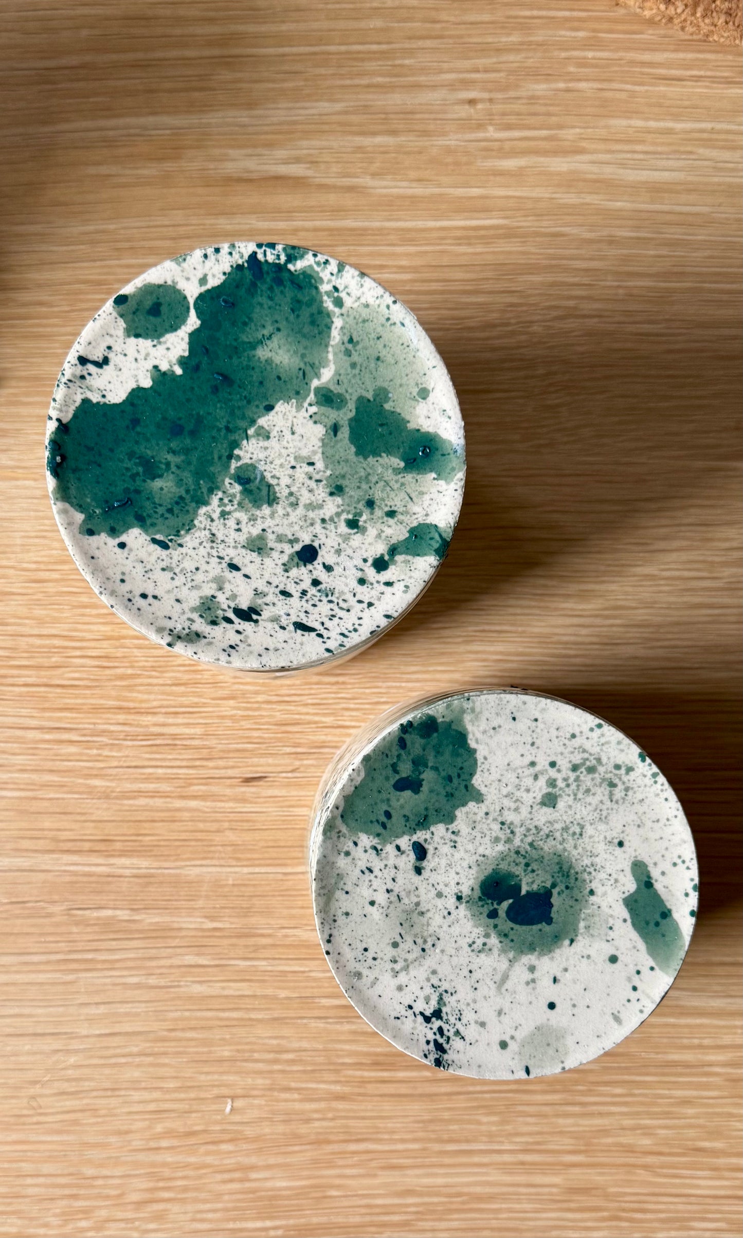 Handmade ceramic mallard splatter butter bell from Herridge pottery - table top. 