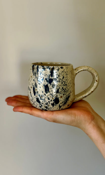 Handmade ceramic mug in blue splatter from Herridge Pottery