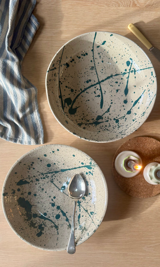 Feasting Bowl Pair - Green Splatter on Speckle Clay