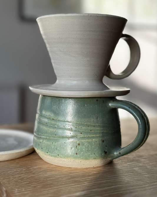 Handmade ceramic coffee pour-over and mug by herridge pottery.